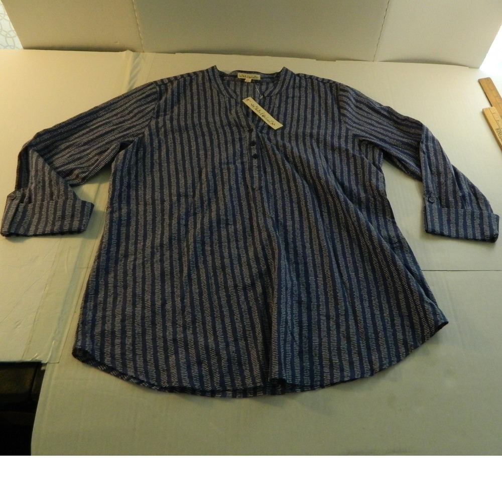 Hester & Orchard Tunic Top Women Large Blue White Striped Split Neck Cotton New - Picture 6 of 11
